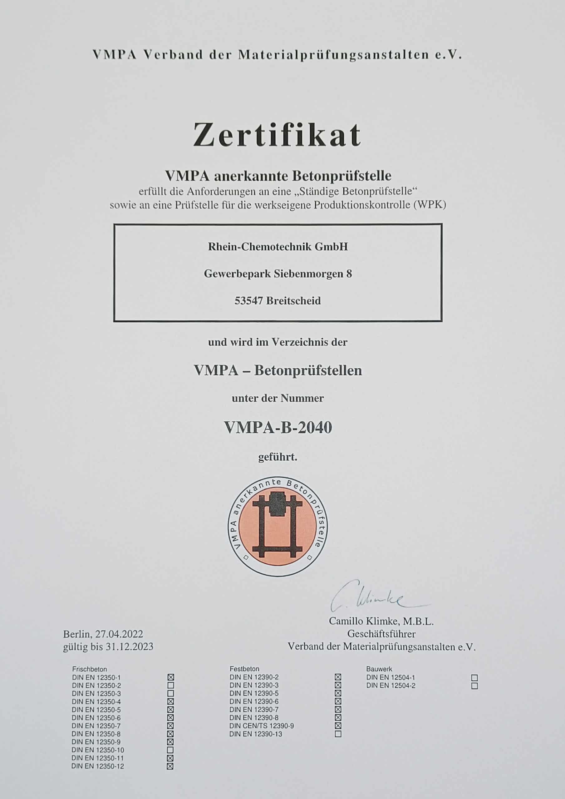 Zertifikat VMPA anerkannte Betonprüfstelle Rhein-Chemotechnik GmbH_Betonlabor
